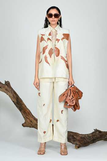The Dramebaaz CO_Ivory Silk Collared Neck Terracotta Sleeveless Blazer _Online_at_Aza_Fashions