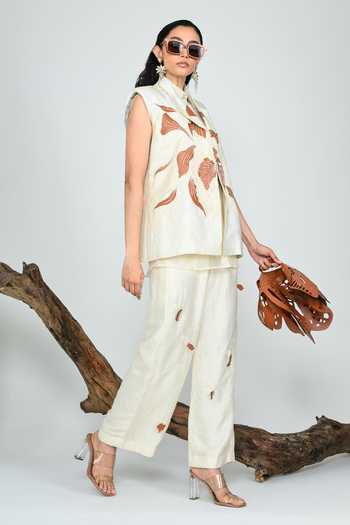 Buy_The Dramebaaz CO_Ivory Silk Collared Neck Terracotta Sleeveless Blazer _Online_at_Aza_Fashions