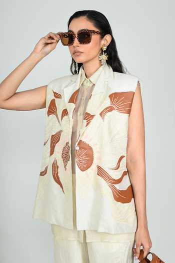 Shop_The Dramebaaz CO_Ivory Silk Collared Neck Terracotta Sleeveless Blazer _Online_at_Aza_Fashions
