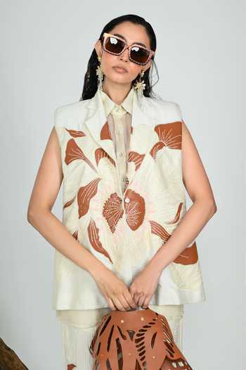 Buy_The Dramebaaz CO_Ivory Silk Collared Neck Terracotta Sleeveless Blazer _at_Aza_Fashions