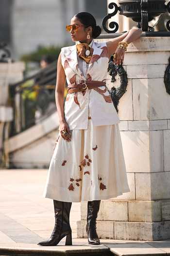 The Dramebaaz CO_Ivory Silk Collared Neck Terracotta Sleeveless Blazer _at_Aza_Fashions