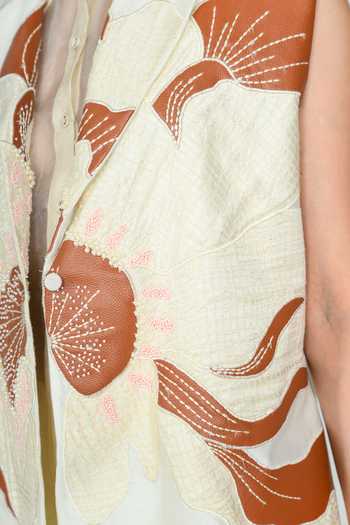 Buy_The Dramebaaz CO_Ivory Silk Collared Neck Terracotta Sleeveless Blazer 