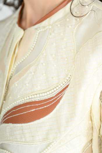 The Dramebaaz CO_Ivory Silk Mandarin Collar Terracotta Shirt _Online_at_Aza_Fashions