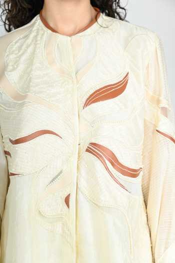 Buy_The Dramebaaz CO_Ivory Silk Mandarin Collar Terracotta Shirt _Online_at_Aza_Fashions