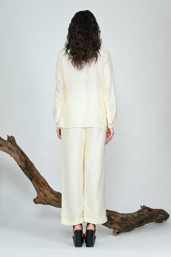 Shop_The Dramebaaz CO_Ivory Silk Mandarin Collar Terracotta Shirt _at_Aza_Fashions