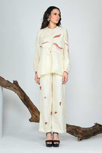 Shop_The Dramebaaz CO_Ivory Silk Mandarin Collar Terracotta Shirt _Online_at_Aza_Fashions