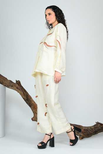The Dramebaaz CO_Ivory Silk Mandarin Collar Terracotta Shirt _at_Aza_Fashions