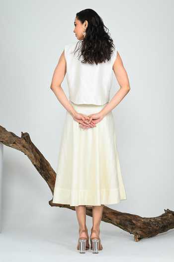 Shop_The Dramebaaz CO_Ivory Silk Earth And Orchid Skirt _at_Aza_Fashions