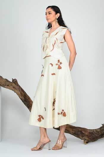 Shop_The Dramebaaz CO_Ivory Silk V-neck Earth And Orchid Skirt Set _at_Aza_Fashions