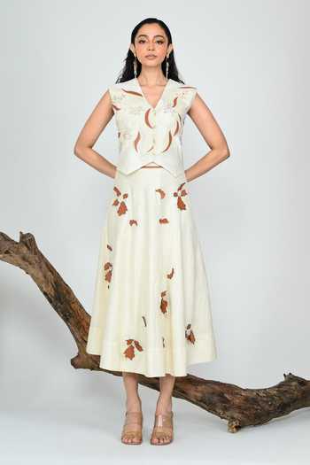 Buy_The Dramebaaz CO_Ivory Silk V-neck Earth And Orchid Skirt Set _at_Aza_Fashions