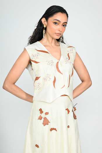 Buy_The Dramebaaz CO_Ivory Silk V-neck Earth And Orchid Skirt Set _Online_at_Aza_Fashions