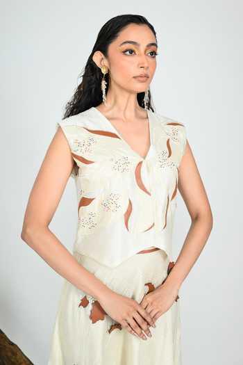 Shop_The Dramebaaz CO_Ivory Silk V-neck Earth And Orchid Skirt Set _Online_at_Aza_Fashions