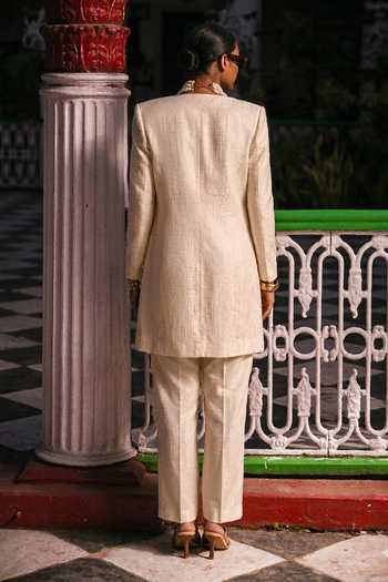 Shop_The Dramebaaz CO_Ivory Silk Scoop Neck Duchess Coat Trouser Set _at_Aza_Fashions