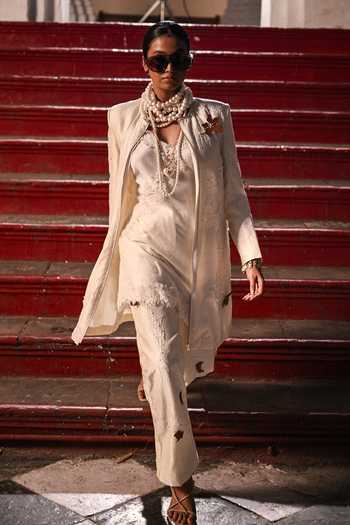 The Dramebaaz CO_Ivory Silk Scoop Neck Duchess Coat Trouser Set _Online_at_Aza_Fashions