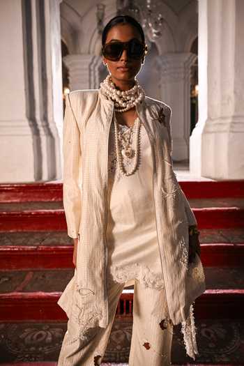 Buy_The Dramebaaz CO_Ivory Silk Scoop Neck Duchess Coat Trouser Set _Online_at_Aza_Fashions