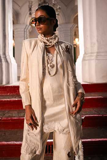 Shop_The Dramebaaz CO_Ivory Silk Scoop Neck Duchess Coat Trouser Set _Online_at_Aza_Fashions