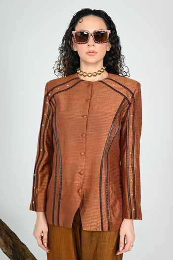 The Dramebaaz CO_Brown Silk Espresso Handloom Waistcoat Set _at_Aza_Fashions