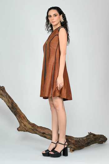 The Dramebaaz CO_Brown Silk Round Neck Caramel Sculpted Dress _Online_at_Aza_Fashions