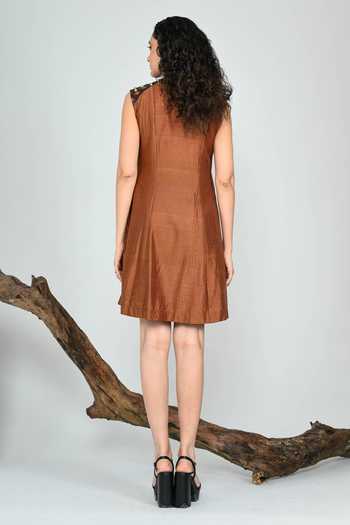 Shop_The Dramebaaz CO_Brown Silk Round Neck Caramel Sculpted Dress _at_Aza_Fashions