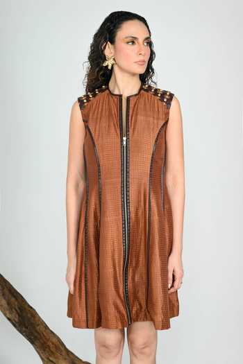 Shop_The Dramebaaz CO_Brown Silk Round Neck Caramel Sculpted Dress _Online_at_Aza_Fashions