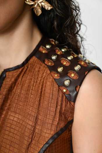 The Dramebaaz CO_Brown Silk Round Neck Caramel Sculpted Dress _at_Aza_Fashions
