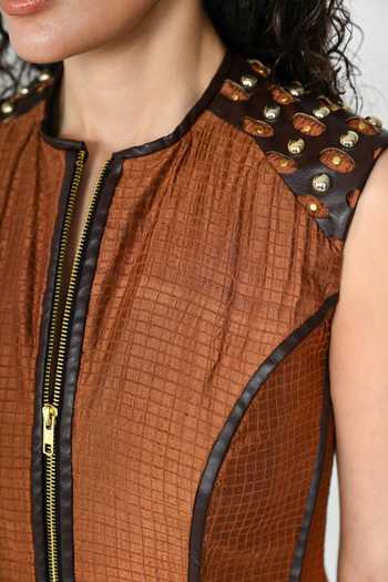 Buy_The Dramebaaz CO_Brown Silk Round Neck Caramel Sculpted Dress 