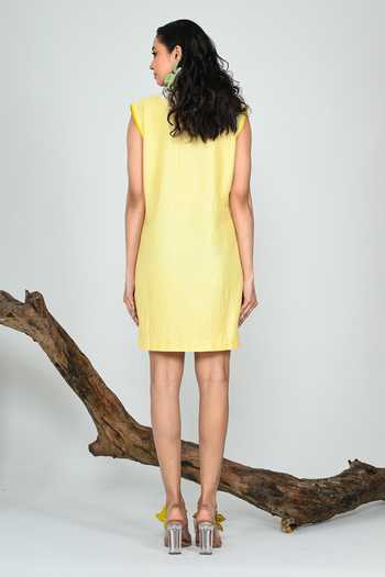 Shop_The Dramebaaz CO_Yellow Silk V-, Collared Vanilla Sundress _at_Aza_Fashions