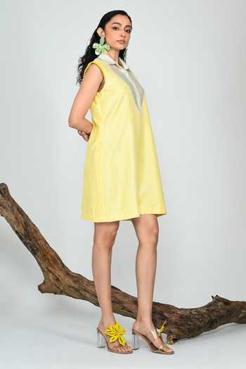 The Dramebaaz CO_Yellow Silk V-, Collared Vanilla Sundress _Online_at_Aza_Fashions