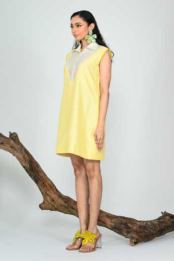 Buy_The Dramebaaz CO_Yellow Silk V-, Collared Vanilla Sundress _Online_at_Aza_Fashions