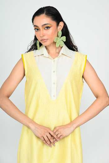 Shop_The Dramebaaz CO_Yellow Silk V-, Collared Vanilla Sundress _Online_at_Aza_Fashions