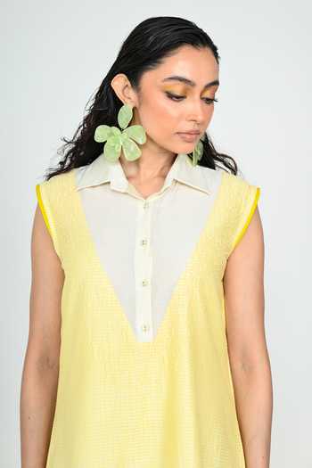 The Dramebaaz CO_Yellow Silk V-, Collared Vanilla Sundress _at_Aza_Fashions