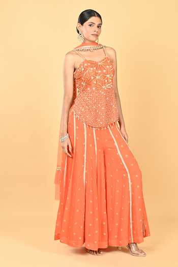 Keith Gomes_Orange Georgette, Net Embroidery, Sequins, Beads Sweetheart Top And Palazzo Set _Online_at_Aza_Fashions