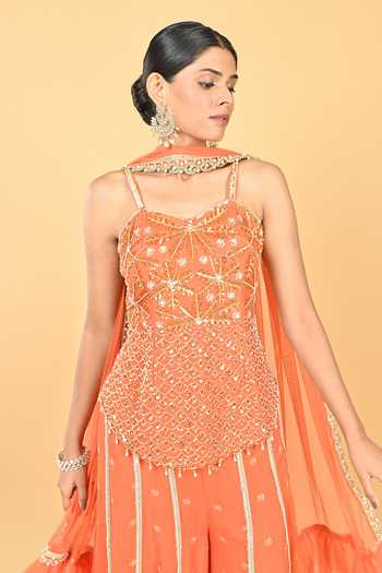 Buy_Keith Gomes_Orange Georgette, Net Embroidery, Sequins, Beads Sweetheart Top And Palazzo Set _Online_at_Aza_Fashions