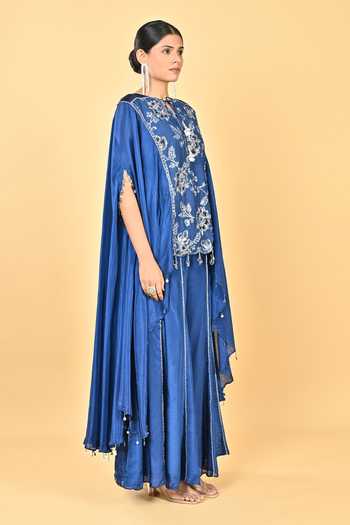 Keith Gomes_Blue Silk Organza, Lycra Tassels, Beads Round Neck Glass Cape And Palazzo Set _Online_at_Aza_Fashions