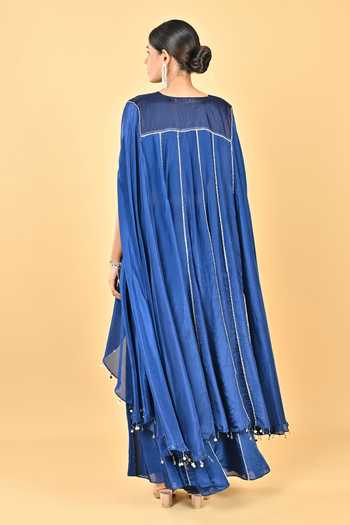 Shop_Keith Gomes_Blue Silk Organza, Lycra Tassels, Beads Round Neck Glass Cape And Palazzo Set _at_Aza_Fashions
