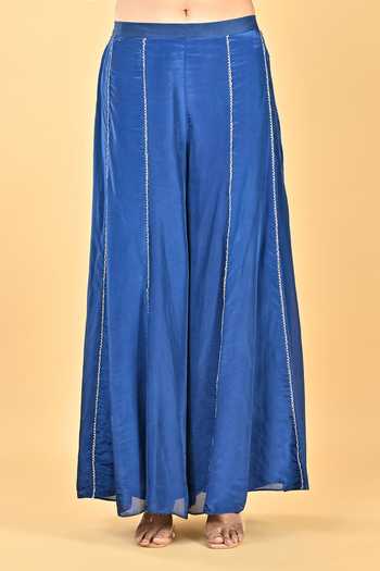 Buy_Keith Gomes_Blue Silk Organza, Lycra Tassels, Beads Round Neck Glass Cape And Palazzo Set _Online_at_Aza_Fashions