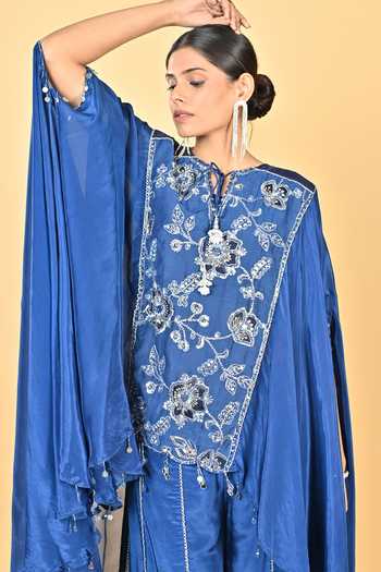 Shop_Keith Gomes_Blue Silk Organza, Lycra Tassels, Beads Round Neck Glass Cape And Palazzo Set _Online_at_Aza_Fashions