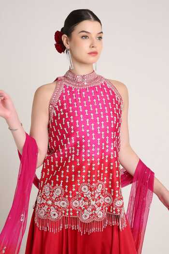 Keith Gomes_Multicolor Silk, Satin, Net Tassels Halter Neck Raw Ombre Kurta Set _Online_at_Aza_Fashions