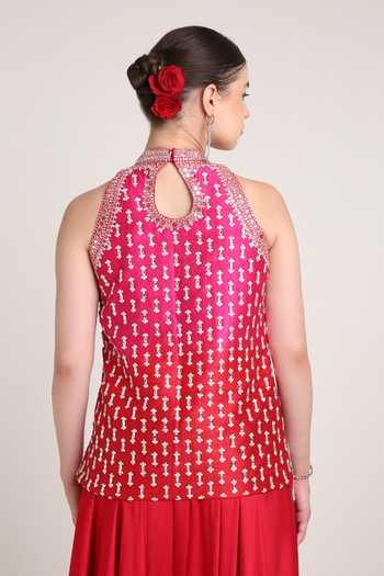 Buy_Keith Gomes_Multicolor Silk, Satin, Net Tassels Halter Neck Raw Ombre Kurta Set _Online_at_Aza_Fashions
