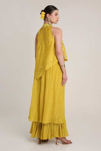 Shop_Keith Gomes_Yellow Silk, Tissue Halter Neck Embroidered Floral Tunic And Palazzo Set _at_Aza_Fashions