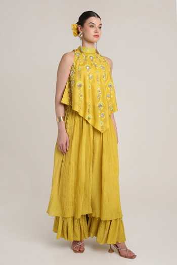 Keith Gomes_Yellow Silk, Tissue Halter Neck Embroidered Floral Tunic And Palazzo Set _Online_at_Aza_Fashions