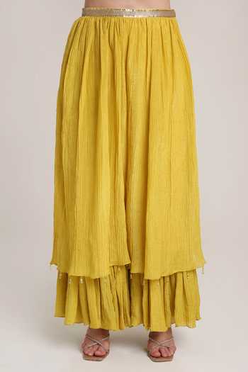 Buy_Keith Gomes_Yellow Silk, Tissue Halter Neck Embroidered Floral Tunic And Palazzo Set _Online_at_Aza_Fashions