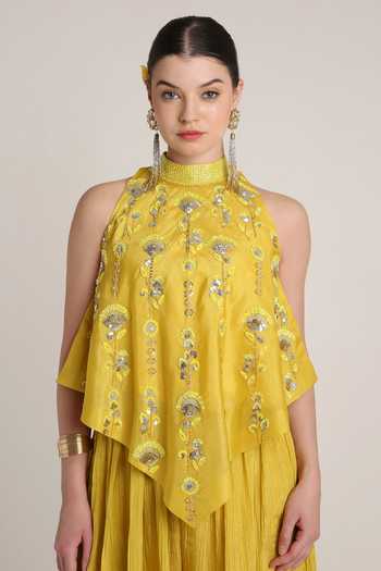 Shop_Keith Gomes_Yellow Silk, Tissue Halter Neck Embroidered Floral Tunic And Palazzo Set _Online_at_Aza_Fashions