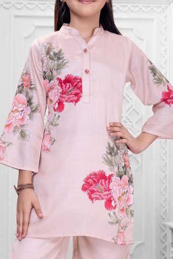Buy_Mini Stitch_Pink Satin Floral Print Kurta And Pant Set _Online_at_Aza_Fashions