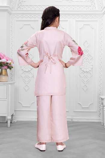 Shop_Mini Stitch_Pink Satin Floral Print Kurta And Pant Set _at_Aza_Fashions