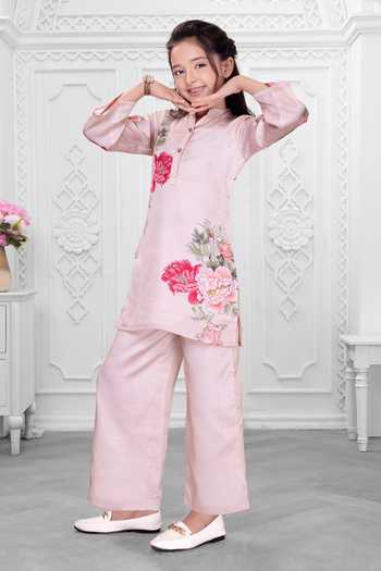 Mini Stitch_Pink Satin Floral Print Kurta And Pant Set _at_Aza_Fashions