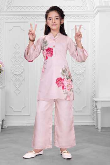 Buy_Mini Stitch_Pink Satin Floral Print Kurta And Pant Set 