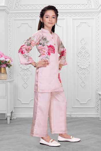 Shop_Mini Stitch_Pink Satin Floral Print Kurta And Pant Set 