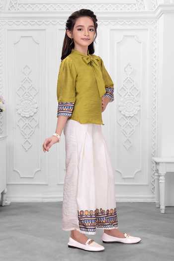 Mini Stitch_Olive Green Cotton Border Embroidered Top And Palazzo Set _Online_at_Aza_Fashions