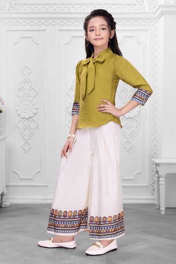 Buy_Mini Stitch_Olive Green Cotton Border Embroidered Top And Palazzo Set _Online_at_Aza_Fashions